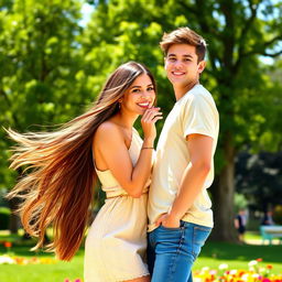 A beautiful woman with long flowing brunette hair wearing a trendy summer dress, standing playfully next to a casually dressed young man in a park