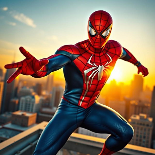 A vibrant superhero scene featuring a character wearing a realistic Spiderman costume
