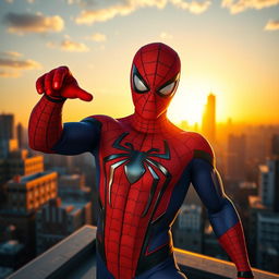 A vibrant superhero scene featuring a character wearing a realistic Spiderman costume