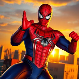 A vibrant superhero scene featuring a character wearing a realistic Spiderman costume