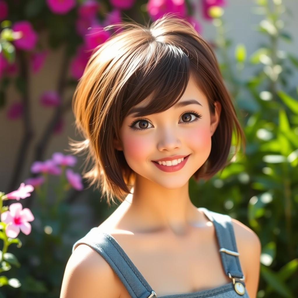 A cute woman with short brunette hair, cheerful expression, wearing a trendy outfit, standing outdoors in a vibrant setting with flowers and soft sunlight illuminating her face