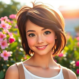 A cute woman with short brunette hair, cheerful expression, wearing a trendy outfit, standing outdoors in a vibrant setting with flowers and soft sunlight illuminating her face