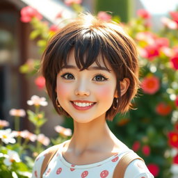 A cute woman with short brunette hair, cheerful expression, wearing a trendy outfit, standing outdoors in a vibrant setting with flowers and soft sunlight illuminating her face