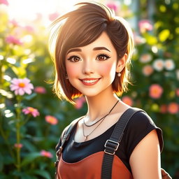 A cute woman with short brunette hair, cheerful expression, wearing a trendy outfit, standing outdoors in a vibrant setting with flowers and soft sunlight illuminating her face
