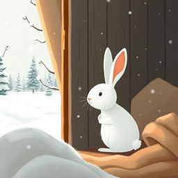 In winter, a little white rabbit is waking up and opening the door to step outside in search of food