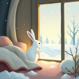 In winter, a little white rabbit is waking up and opening the door to step outside in search of food