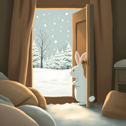 In winter, a little white rabbit is waking up and opening the door to step outside in search of food