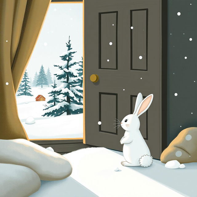 In winter, a little white rabbit is waking up and opening the door to step outside in search of food