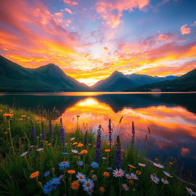 A beautiful landscape featuring a serene lake reflecting the vibrant colors of the sunset