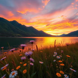 A beautiful landscape featuring a serene lake reflecting the vibrant colors of the sunset