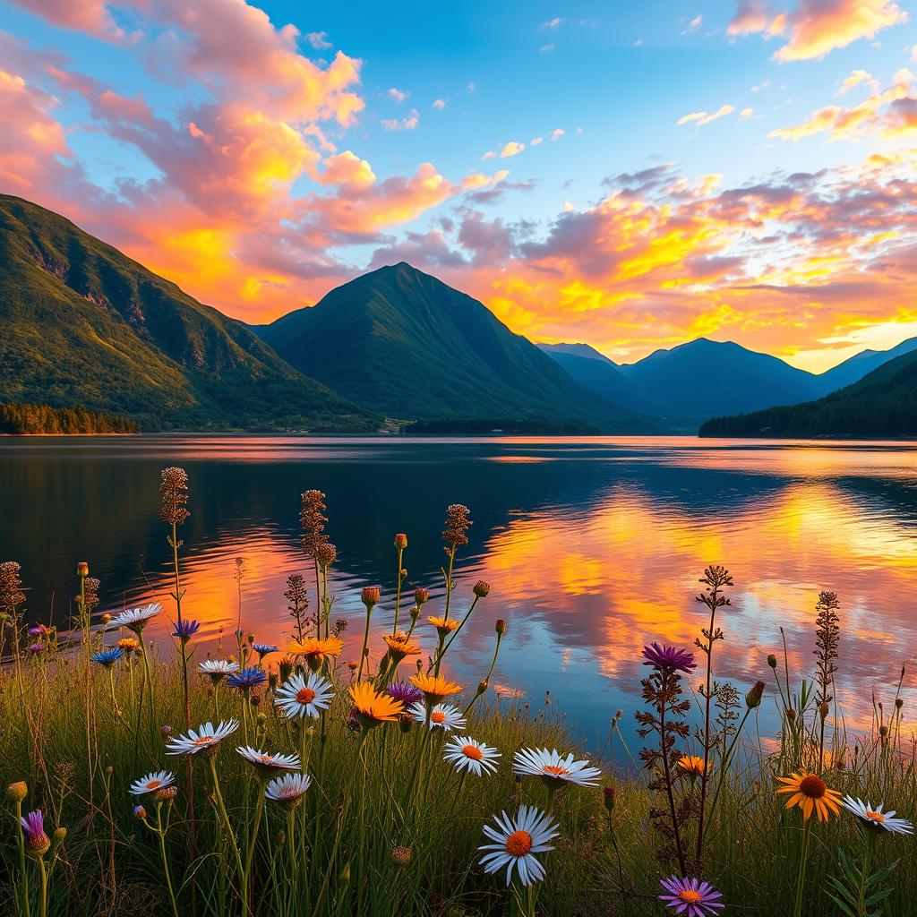 A beautiful landscape featuring a serene lake reflecting the vibrant colors of the sunset
