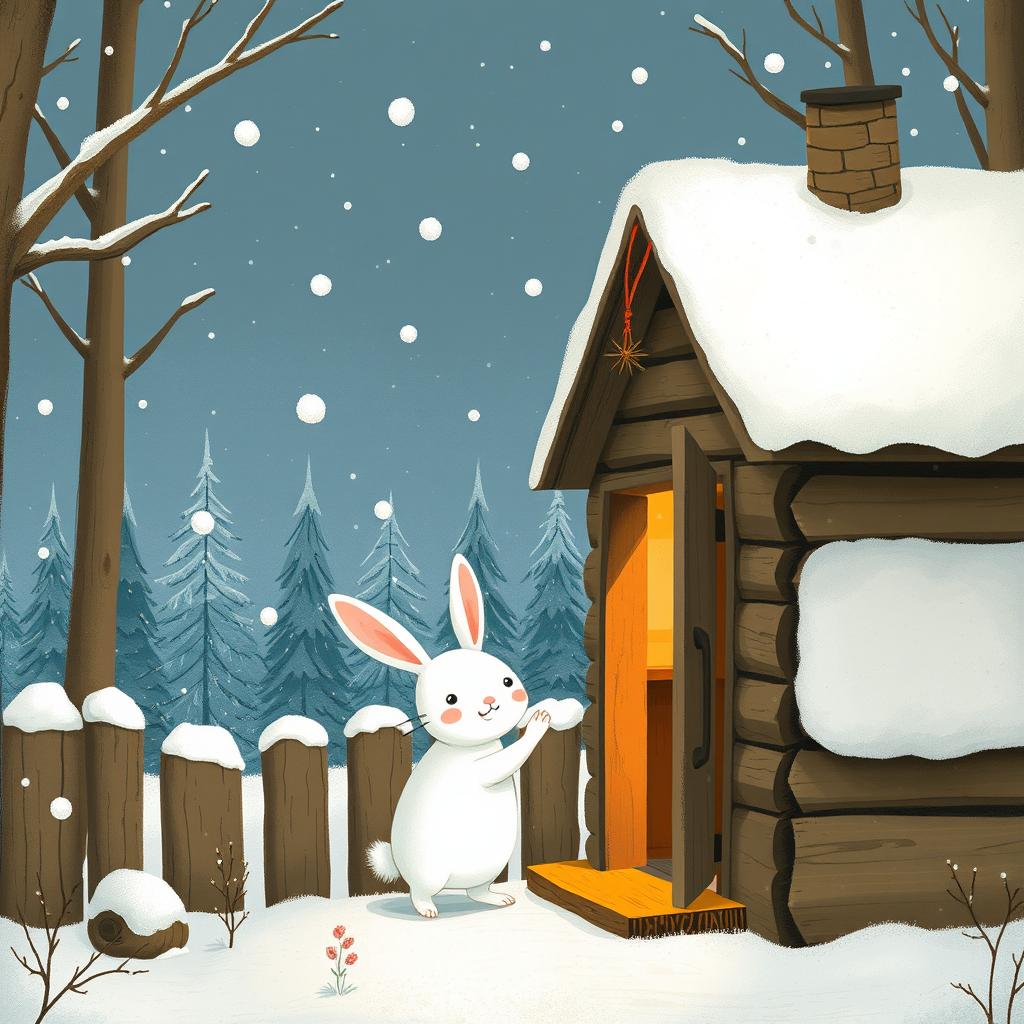 In a cozy winter setting, a small white rabbit awakens in a charming wooden cabin located in a snowy forest