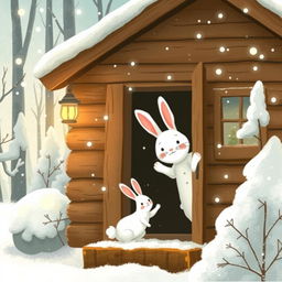 In a cozy winter setting, a small white rabbit awakens in a charming wooden cabin located in a snowy forest