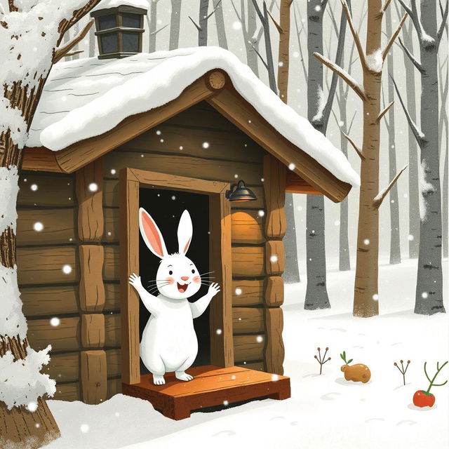 In a cozy winter setting, a small white rabbit awakens in a charming wooden cabin located in a snowy forest