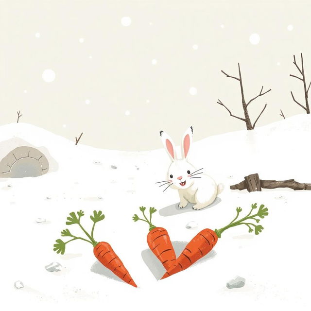 In a picturesque winter scene, a small white rabbit is joyfully exploring a snowy landscape and has found two bright red carrots partially buried in the snow