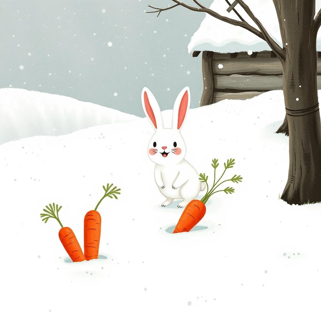 In a picturesque winter scene, a small white rabbit is joyfully exploring a snowy landscape and has found two bright red carrots partially buried in the snow