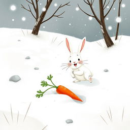 In a picturesque winter scene, a small white rabbit is joyfully exploring a snowy landscape and has found two bright red carrots partially buried in the snow