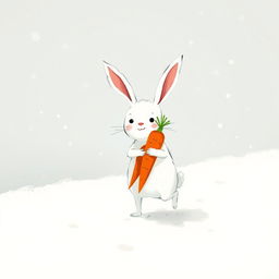 In a delightful winter scene, a small white rabbit is happily trudging through a snowy landscape while hugging two bright red carrots