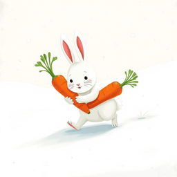 In a delightful winter scene, a small white rabbit is happily trudging through a snowy landscape while hugging two bright red carrots