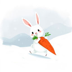 In a delightful winter scene, a small white rabbit is happily trudging through a snowy landscape while hugging two bright red carrots