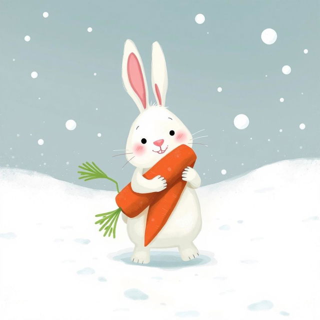 In a delightful winter scene, a small white rabbit is happily trudging through a snowy landscape while hugging two bright red carrots