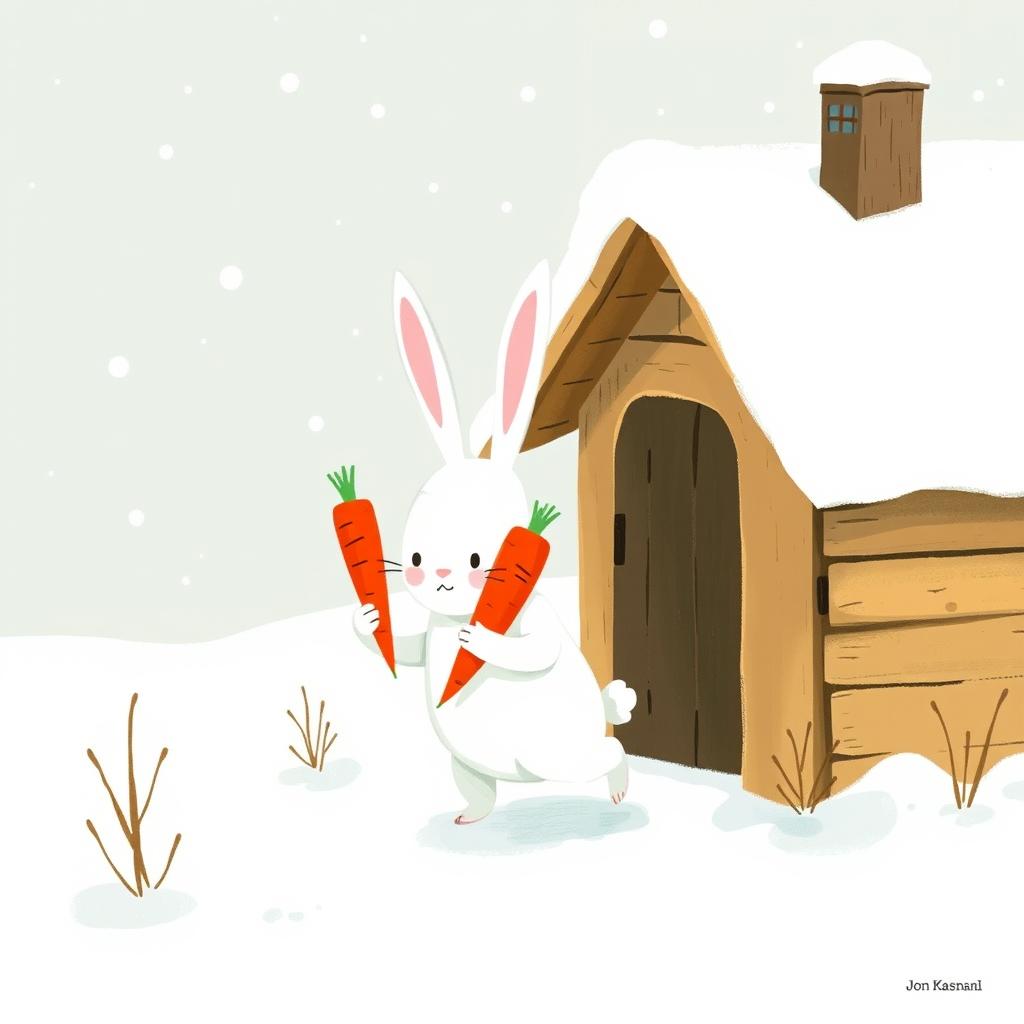 In a charming winter scene, a small white rabbit holds two bright red carrots as it walks into a cozy little wooden cabin nestled in a snowy landscape