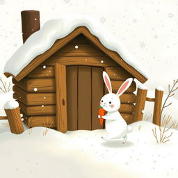 In a charming winter scene, a small white rabbit holds two bright red carrots as it walks into a cozy little wooden cabin nestled in a snowy landscape