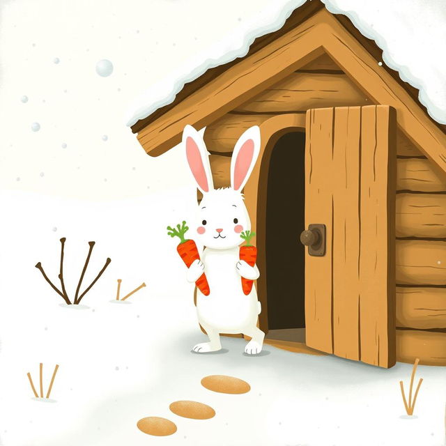 In a charming winter scene, a small white rabbit holds two bright red carrots as it walks into a cozy little wooden cabin nestled in a snowy landscape