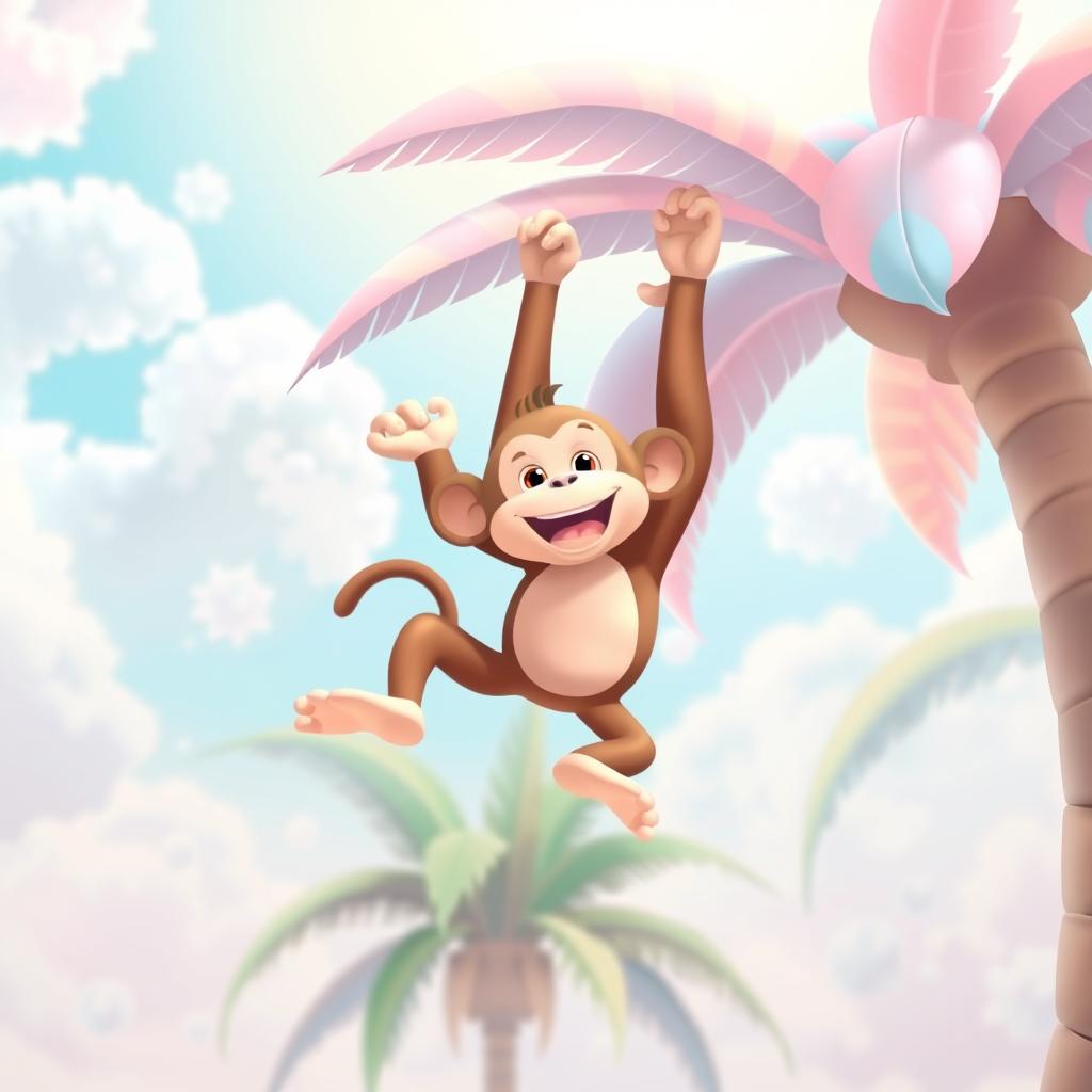 A realistic cartoon monkey, playfully designed with pastel colors, is playfully falling from a pastel-colored palm tree