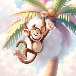 A realistic cartoon monkey, playfully designed with pastel colors, is playfully falling from a pastel-colored palm tree