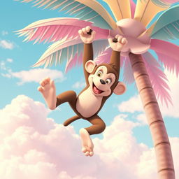 A realistic cartoon monkey, playfully designed with pastel colors, is playfully falling from a pastel-colored palm tree