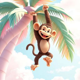 A realistic cartoon monkey, playfully designed with pastel colors, is playfully falling from a pastel-colored palm tree