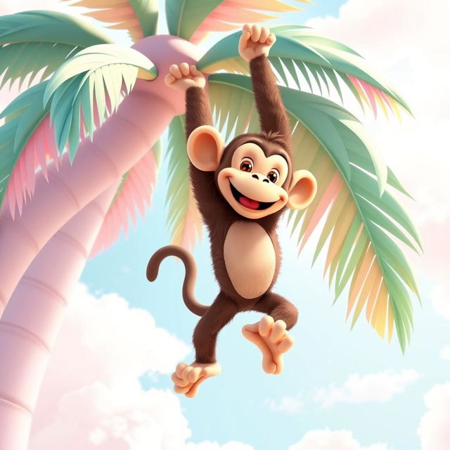 A realistic cartoon monkey, playfully designed with pastel colors, is playfully falling from a pastel-colored palm tree