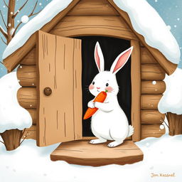 In a whimsical winter scene, a small white rabbit, full of charm, is stepping into a cozy little wooden cabin, hugging two bright red carrots close to its chest