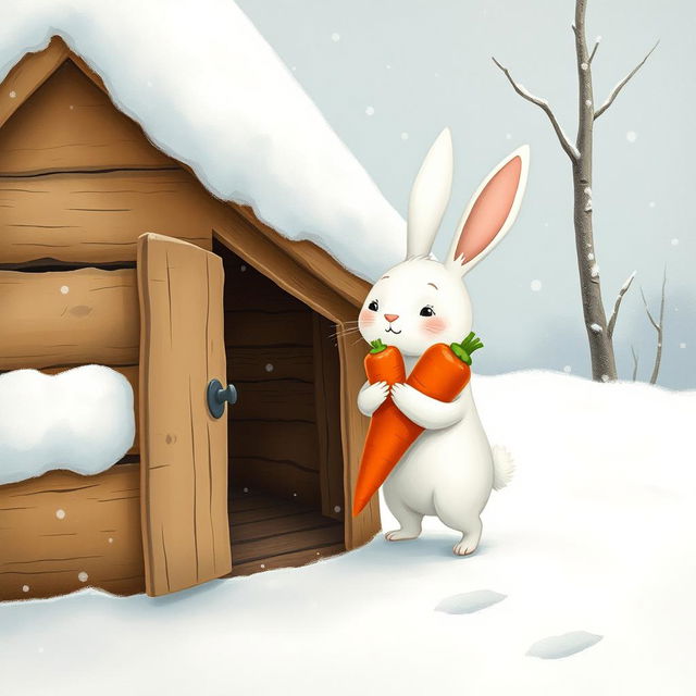 In a whimsical winter scene, a small white rabbit, full of charm, is stepping into a cozy little wooden cabin, hugging two bright red carrots close to its chest