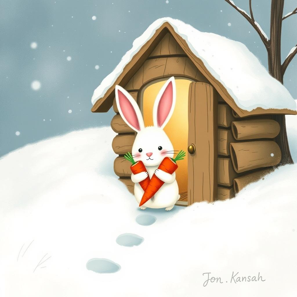 In a whimsical winter scene, a small white rabbit, full of charm, is stepping into a cozy little wooden cabin, hugging two bright red carrots close to its chest