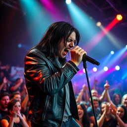 An angry singer performing on stage, passionately expressing their emotions through their lyrics, microphone in hand, intense facial expression, vivid stage lights illuminating the scene, a crowd of excited fans in the background reacting to the performance, wearing edgy, stylish clothing, a vibrant and dynamic atmosphere