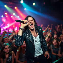 An angry singer performing on stage, passionately expressing their emotions through their lyrics, microphone in hand, intense facial expression, vivid stage lights illuminating the scene, a crowd of excited fans in the background reacting to the performance, wearing edgy, stylish clothing, a vibrant and dynamic atmosphere
