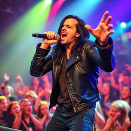 An angry singer performing on stage, passionately expressing their emotions through their lyrics, microphone in hand, intense facial expression, vivid stage lights illuminating the scene, a crowd of excited fans in the background reacting to the performance, wearing edgy, stylish clothing, a vibrant and dynamic atmosphere