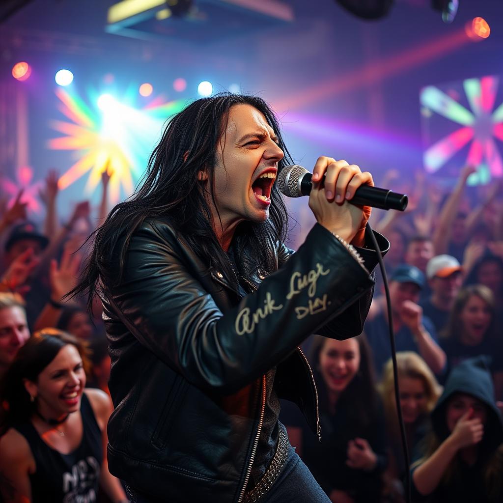 An angry singer performing on stage, passionately expressing their emotions through their lyrics, microphone in hand, intense facial expression, vivid stage lights illuminating the scene, a crowd of excited fans in the background reacting to the performance, wearing edgy, stylish clothing, a vibrant and dynamic atmosphere