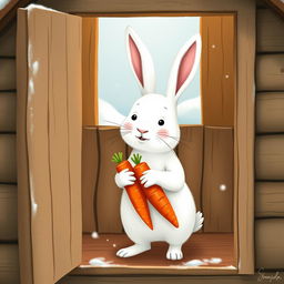 In a cozy winter scene, a small white rabbit stands inside a charming little wooden cabin, hugging two bright red carrots against its chest