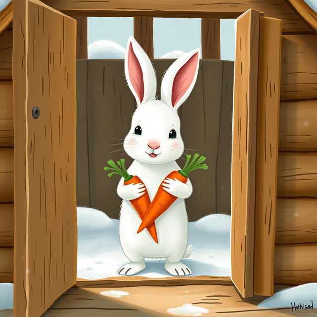 In a cozy winter scene, a small white rabbit stands inside a charming little wooden cabin, hugging two bright red carrots against its chest