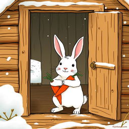 In a cozy winter scene, a small white rabbit stands inside a charming little wooden cabin, hugging two bright red carrots against its chest