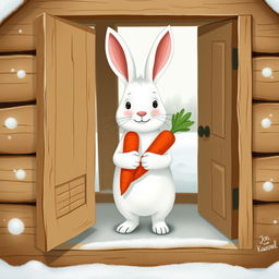 In a cozy winter scene, a small white rabbit stands inside a charming little wooden cabin, hugging two bright red carrots against its chest