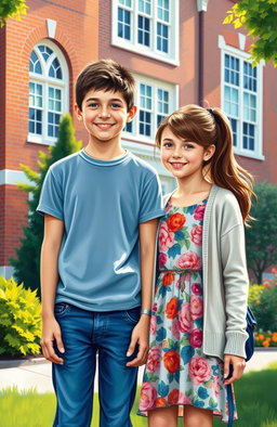 A beautiful oil painting of two school students, a boy and a girl, standing together in front of a school building
