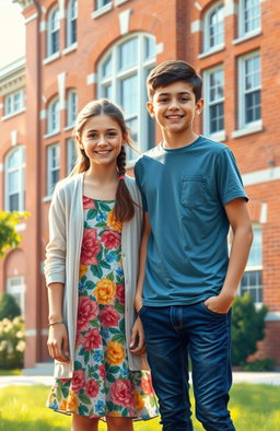 A beautiful oil painting of two school students, a boy and a girl, standing together in front of a school building