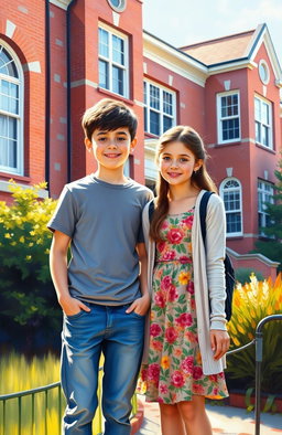 A beautiful oil painting of two school students, a boy and a girl, standing together in front of a school building