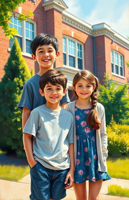 A beautiful oil painting of two school students, a boy and a girl, standing together in front of a school building