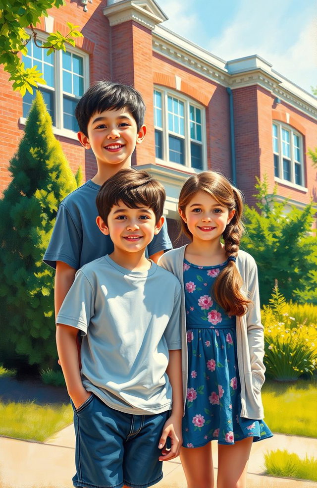 A beautiful oil painting of two school students, a boy and a girl, standing together in front of a school building
