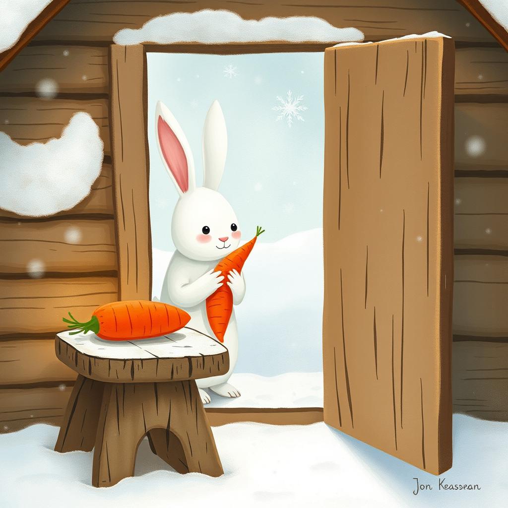 In a cozy winter scene, a small white rabbit is inside a charming little wooden cabin, cradling a bright red carrot in its arms